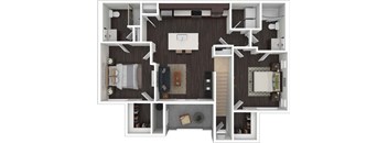 A top-down view of a small apartment with a kitchen, living room, and bedroom.