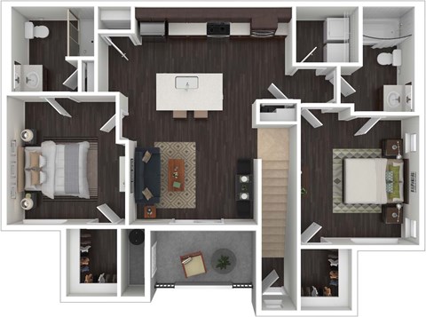 A top-down view of a small apartment with a kitchen, living room, and bedroom.