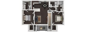 A top-down view of a house layout with multiple rooms and furniture.