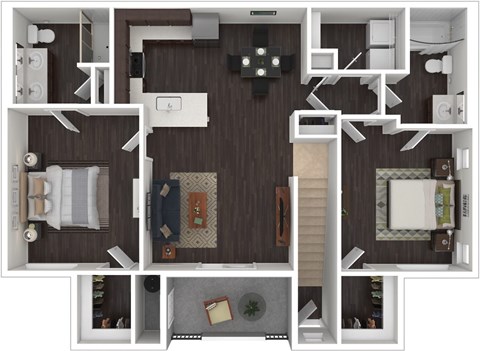 A top-down view of a house layout with multiple rooms and furniture.
