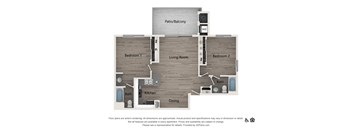A 3D floor plan of a small apartment with a living room, dining area, kitchen, two bedrooms, and a bathroom.