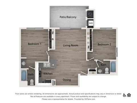 A 3D floor plan of a small apartment with a living room, dining area, kitchen, two bedrooms, and a bathroom.