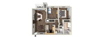 A 3D rendered image of a small apartment layout.