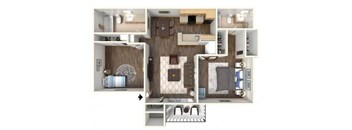 A floor plan of a small apartment with a kitchen, living room, and bedroom.