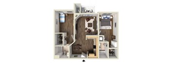 A 3D floor plan of a small apartment with a kitchen, living room, and bedroom.