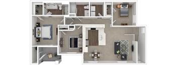 A 3D floor plan of a house showing all the rooms and their layout.