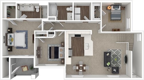 A 3D floor plan of a house showing all the rooms and their layout.