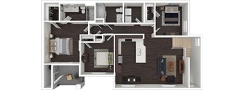 A top-down view of a house layout with a kitchen, living room, and bedrooms.