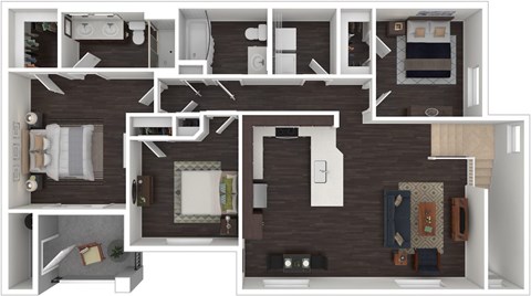 A top-down view of a house layout with a kitchen, living room, and bedrooms.