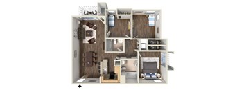 A 3D floor plan of a small apartment with a kitchen, living room, and bedroom.