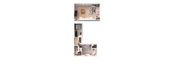 A top and bottom view of a small apartment layout.