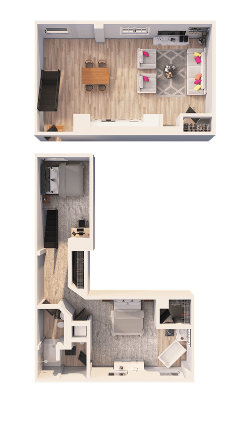 A top and bottom view of a small apartment layout.