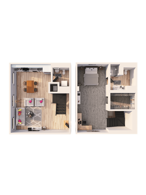 A floor plan of a small apartment with a kitchen and a bathroom.