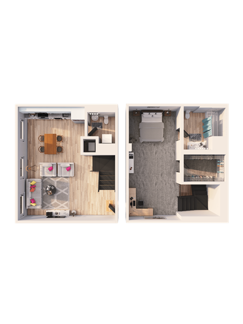 A floor plan of a small apartment with a kitchen, living room, and bathroom.