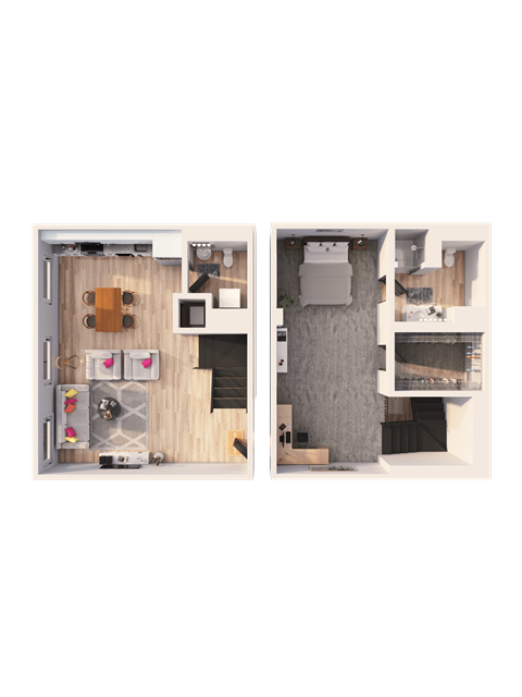 A floor plan of a small apartment with a kitchen, living room, and bathroom.