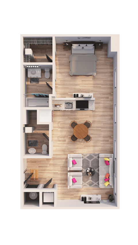 A top-down view of a small apartment layout with a kitchen, living room, and bedrooms.