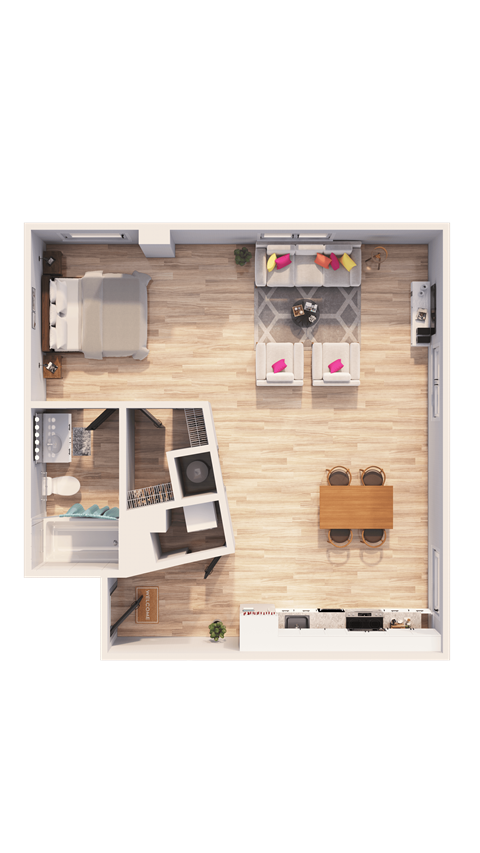 A top-down view of a small apartment layout with a kitchen, living room, and bedroom.
