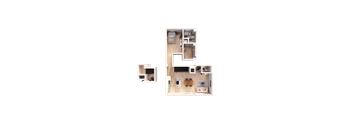 A floor plan of a house with a kitchen, living room, and two bedrooms.