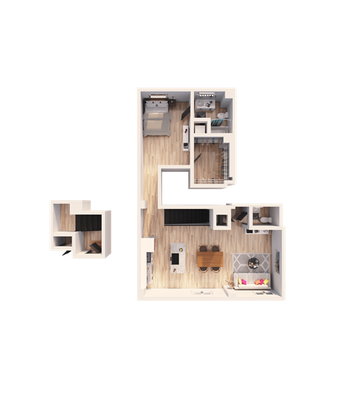 A floor plan of a house with a kitchen, living room, and two bedrooms.