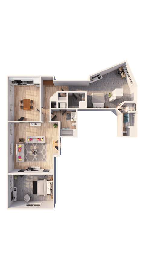 A 3D rendered image of a house layout.