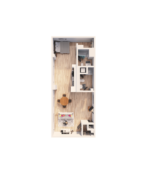 A top-down view of a room with a kitchen area, a living room, and a bedroom.