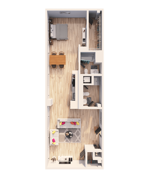 A top-down view of a small apartment with a kitchen, living room, and bedroom.