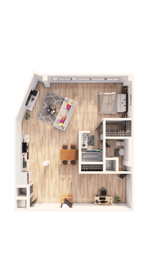 A top-down view of a small apartment with a kitchen, living room, and bathroom.