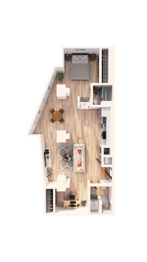 A top-down view of a house interior with a kitchen, living room, and dining area.