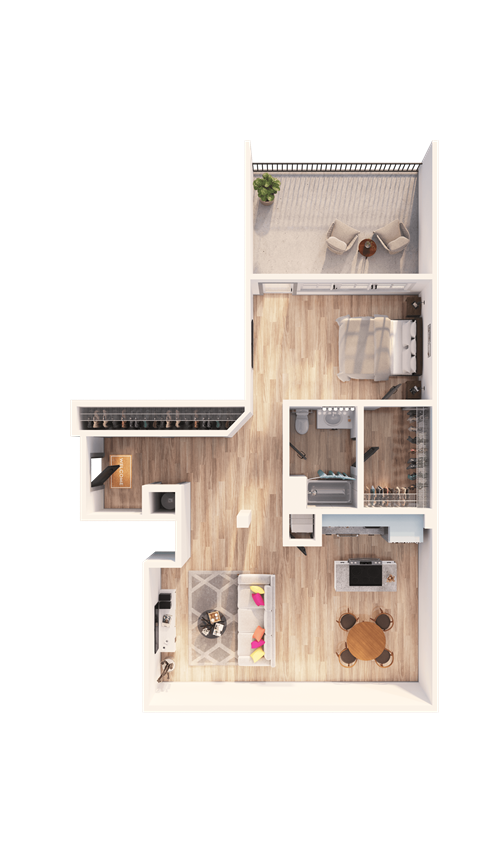 A top-down view of a house layout with a kitchen, living room, and bathroom.