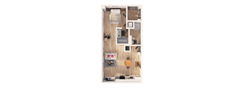 A top-down view of a small apartment with a kitchen, living room, and bathroom.