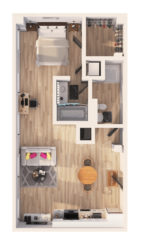 A top-down view of a small apartment with a kitchen, living room, and bathroom.