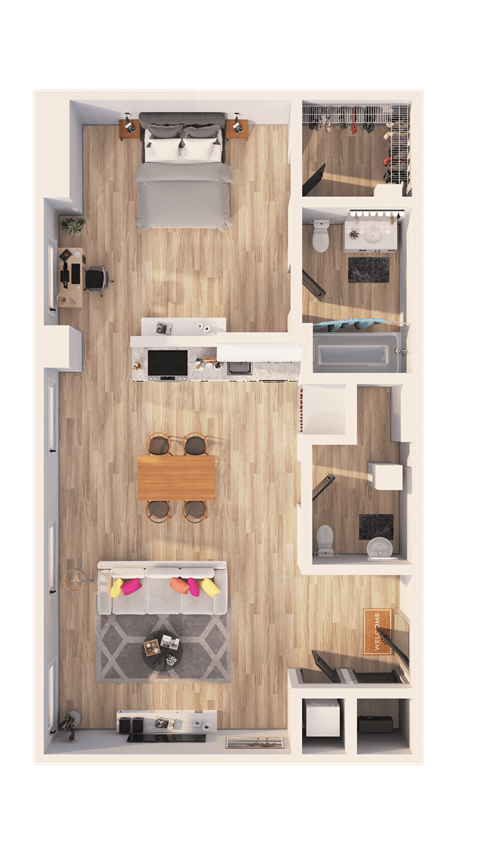 A top-down view of a small apartment with a kitchen, living room, and bedroom.