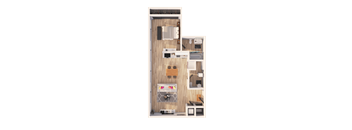 A top-down view of a small, well-organized apartment with a kitchen, living room, and bathroom.