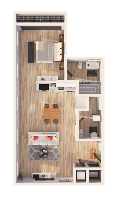 A top-down view of a small, well-organized apartment with a kitchen, living room, and bathroom.