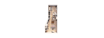 A top-down view of a small, neatly organized apartment with a kitchen, living room, and bedroom.
