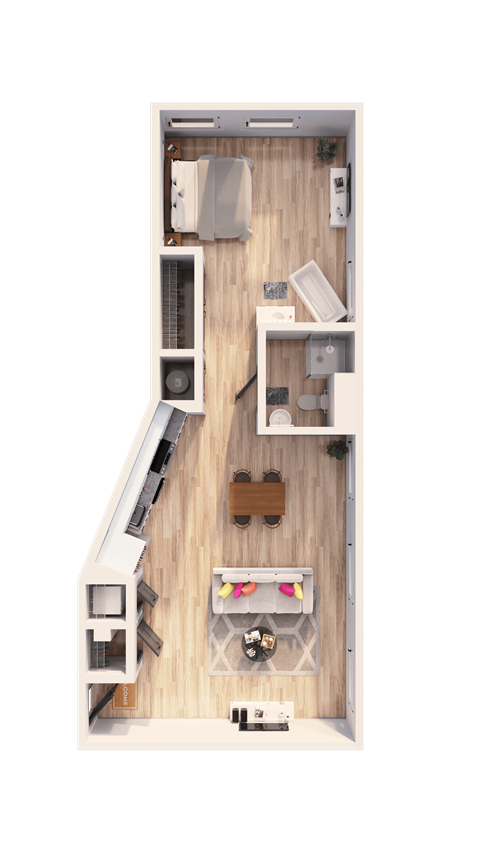 A top-down view of a small, neatly organized apartment with a kitchen, living room, and bedroom.