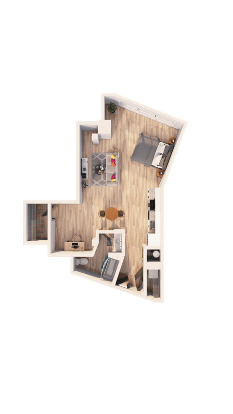 A floor plan of a house with a kitchen, living room, and two bedrooms.