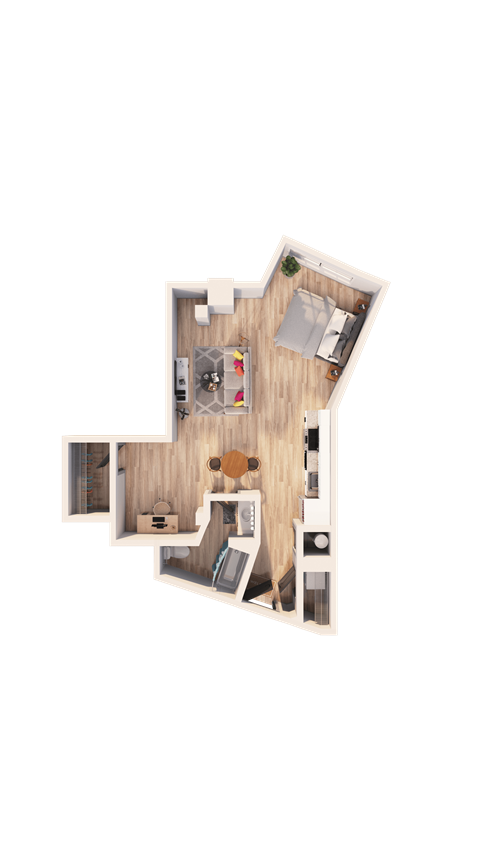 A top-down view of a house layout with a living room, kitchen, and two bedrooms.