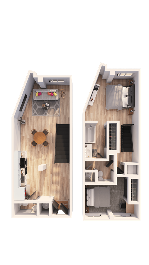 A top-down view of a two-story apartment with a living room, kitchen, and bedrooms.