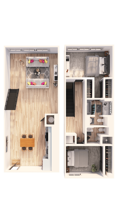 A floor plan of a small apartment with a kitchen, living room, and bathroom.