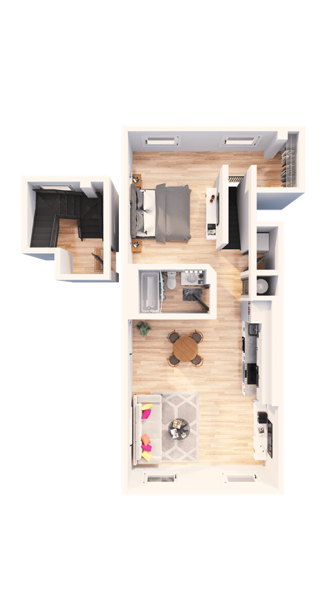 A top-down view of a small apartment layout with a kitchen, living room, and bathroom.