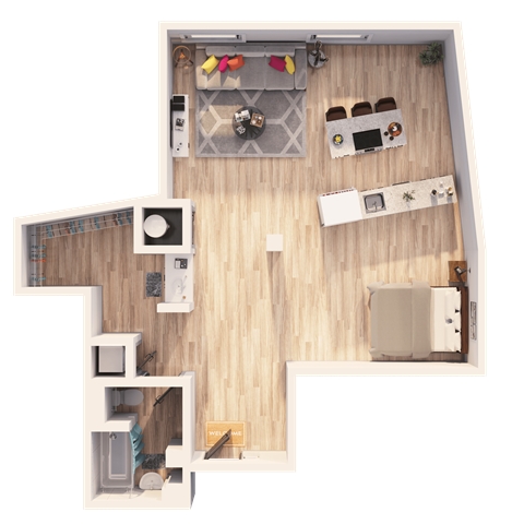 A top-down view of a small apartment layout with a living room, kitchen, and bathroom.