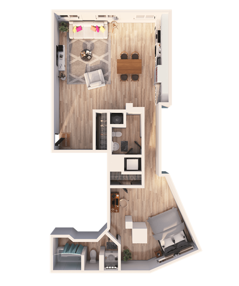 A floor plan of a house with a living room, kitchen, and two bedrooms.