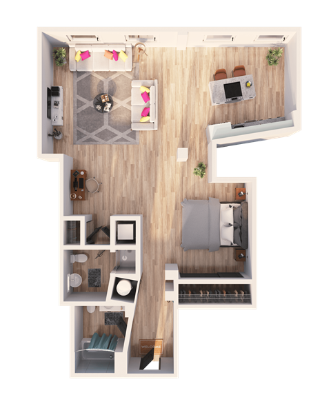 A top-down view of a living room with a couch, coffee table, and television.