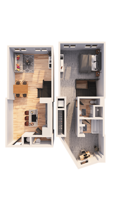 A top-down view of a two-bedroom apartment with a living room, kitchen, and bathroom.