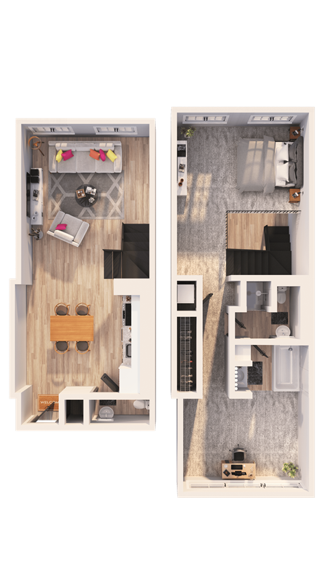A top-down view of a small apartment with a kitchen, living room, and bathroom.