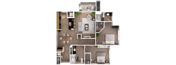 A top-down view of a house layout with a kitchen, living room, dining area, and bedrooms.