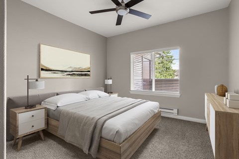 A bedroom with a bed, nightstand, and a painting on the wall.