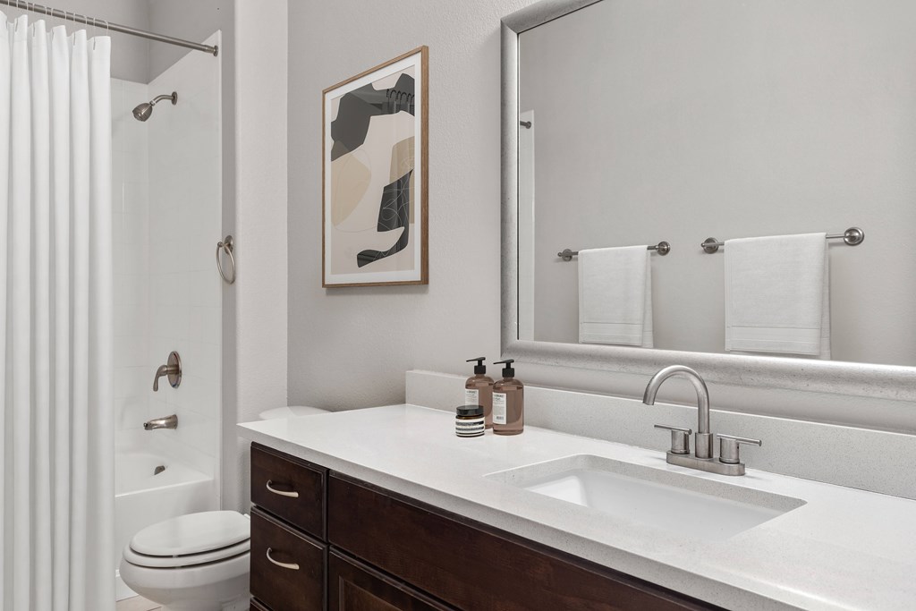 A bathroom with a white sink and a mirror.