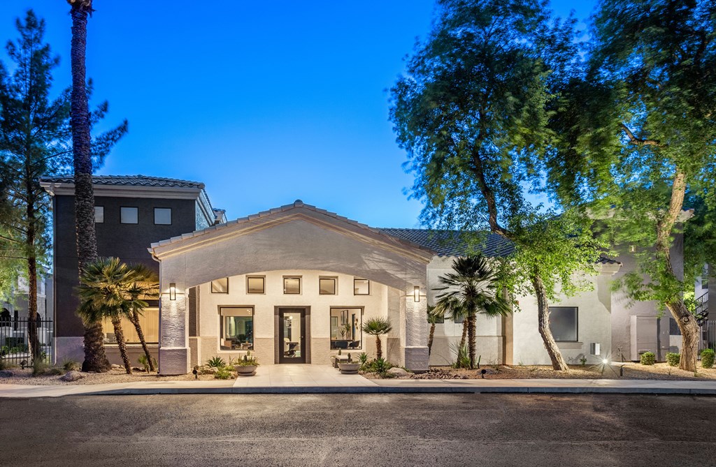 A modern house with a flat roof and a front yard with a palm tree.